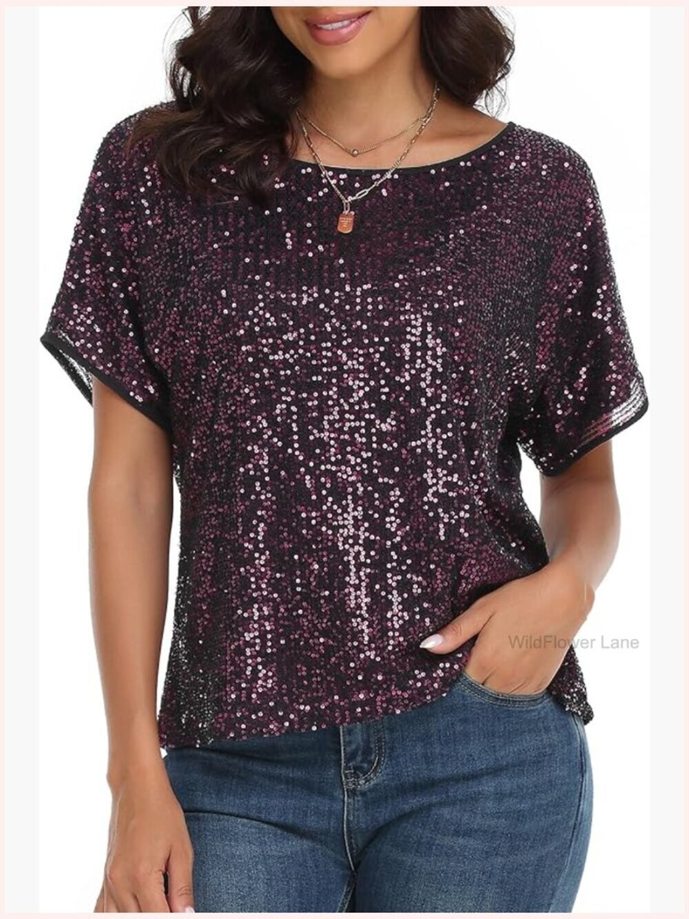 Sparkly Sequin Top Batwing Sleeve Dressy Tunic Blouse Party Shirt